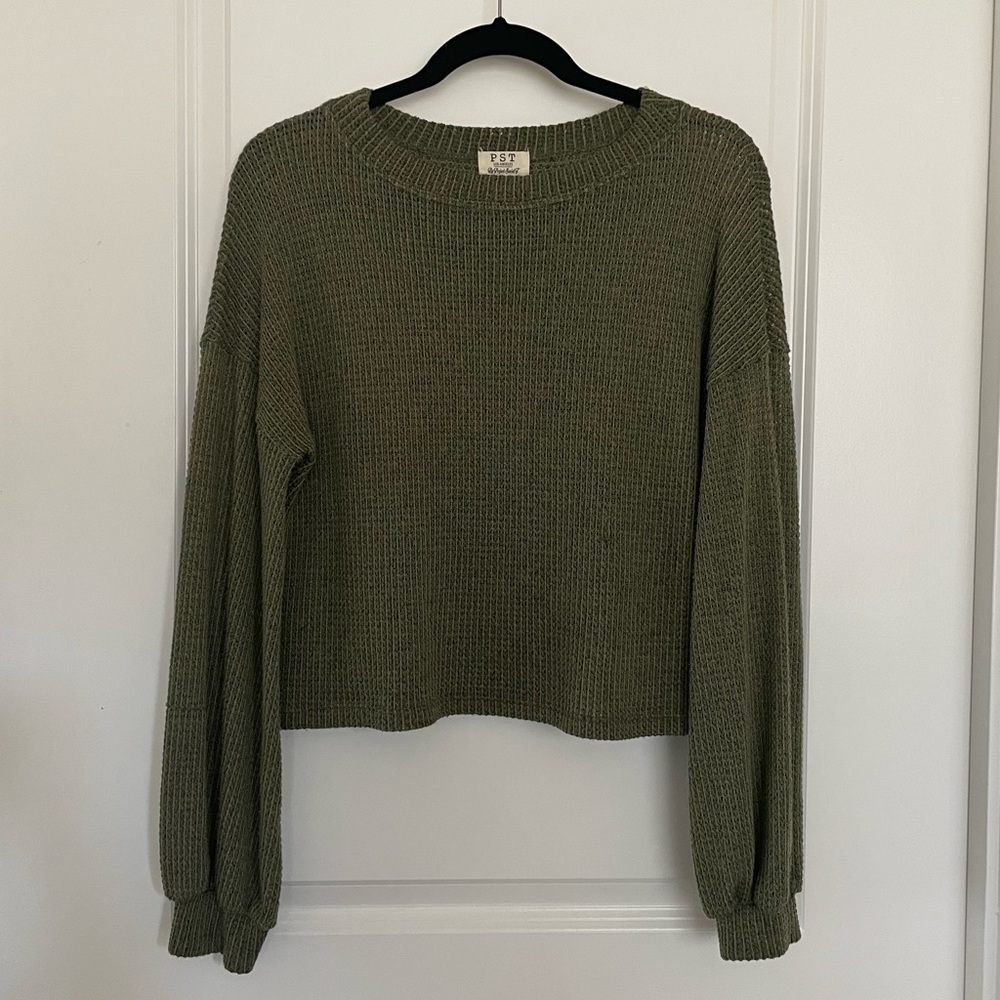Cropped Balloon Sleeve Sweater - Olive Green